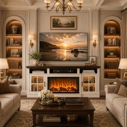70" Fireplace TV Stand, Farmhouse TV Stand for TVs up to 80” with LED Lights, view 4