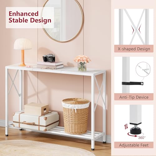 Console Table 41.8”, 2-Tier Entryway Table Narrow Sofa Table with Shelves, Entrance Table with Stable X-Frame, for Entryway, Hallway, Living Room, Foyer, Corridor, Office, White