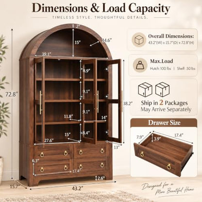 Arched Pantry Cabinet with Glass Doors and Adjustable Shelves, view 8