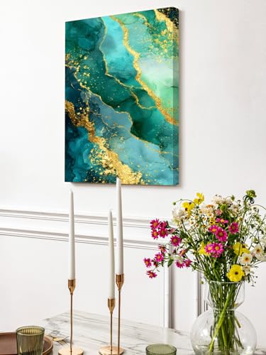 NuYeBiofx Abstract Turquoise Marble Texture Canvas Wall Art Prints,48"x32" Framed Picture Artwork Gold Line Stone Style Printed Canvas Oil Painting for Living Room Bedroom Office,Ready to Hang