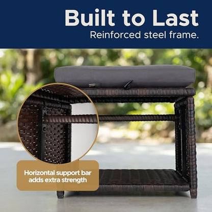Outdoor Storage Ottoman (Set of 2) - All-Weather Wicker Patio Footstool with Washable Cushions - Sturdy Rattan Foot Rest & Hidden Box for Deck, Porch, Backyard & Balcony