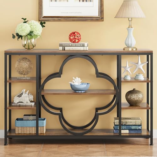 47" Farmhouse Console Tables for Entryway Retro Sofa Table Behind Couch Open Display Storage Shelves for Foyer, Hallway, Front Door,Living Room,Elegant Four-Leaf Clover (Rustic Brown, 47")