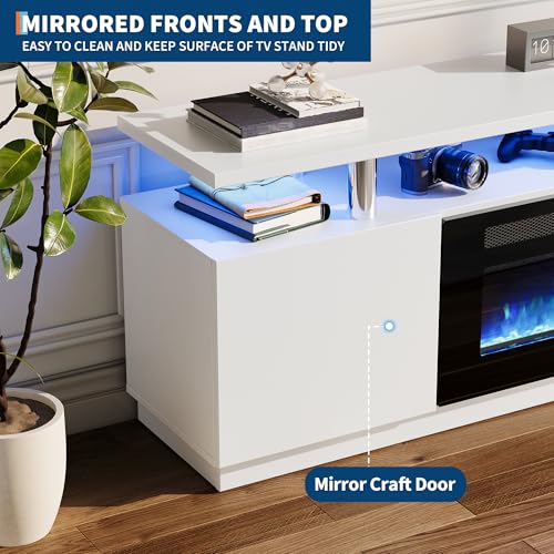 70"Electric FireplaceTV Stand,Double Layer Storage Shelves,white, view 5