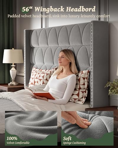 Velvet Wingback Bed Frame with Headboard, Noise-Free and Sturdy Wood Slat, Deep Gray, view 6