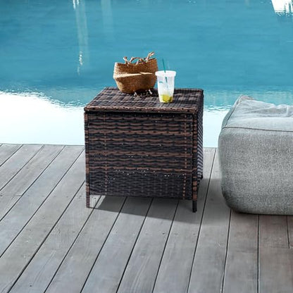 Outdoor Side Table with Storage, 27-Gallon Patio Deck Box Outdoor Wicker Side Table for Poolside Balcony Storage Table (Brown, Square)