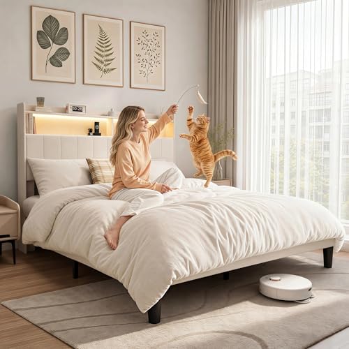 Queen Size Bed Frame with Headboard & Charging Station, view 4