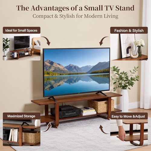 Walnut TV Stand for 65-Inch TVs, 2 Open Shelves, Modern Media Console, view 6