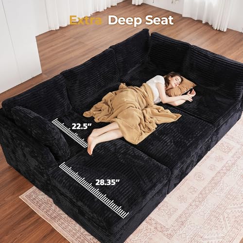 Modular Sectional Sofa,7 Pieces Sectional Couches for Living Room,131X66 U Shaped Cloud Couch with Ottoman Chaise Set(Black Velvet Corduroy)