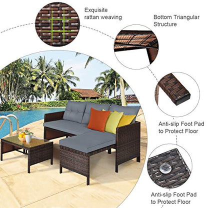 Wicker Patio Furniture Set Couch 3 Piece, L-Shaped PE Rattan Outdoor Sectional Sofa Conversation Set with Loveseat, Lounge and Tempered Glass Coffee Table for Garden Lawn Deck, Grey