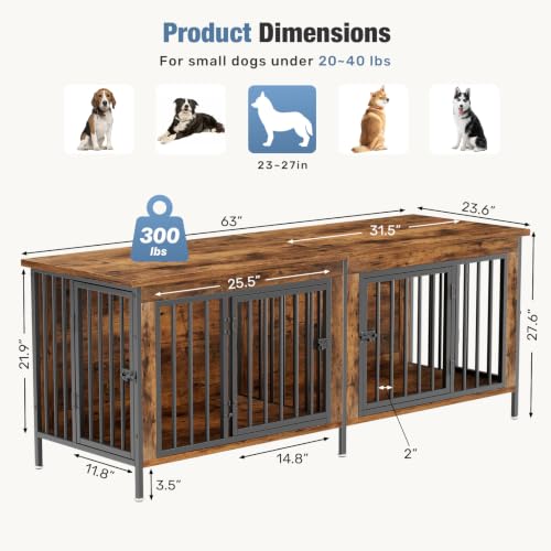 63" Dog Crate Furniture for 2 Dogs with Divider, Rustic Brown, view 7