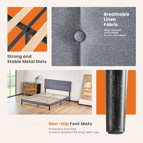 Queen Upholstered Bed Frame with Storage & Headboard, Grey, view 7