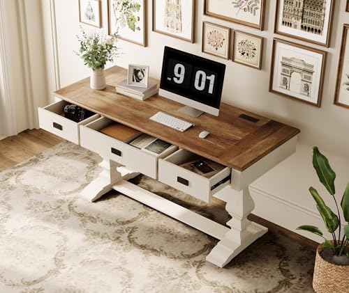 60-inch Vintage Farmhouse Desk with Charging Station &3 Deep Drawers, view 4