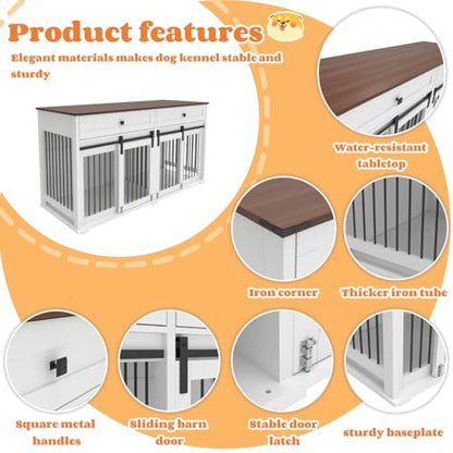 Double XL Dog Crate Furniture, White Wooden Pet Kennel Cabinet with 4 Doors, view 7