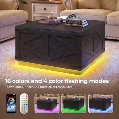 Farmhouse Lift Top Coffee Table, Square Wood Center Table with LED Lighting, USB-C Charging Station, and Hidden Storage Compartment - Rustic Black Living Room Furniture