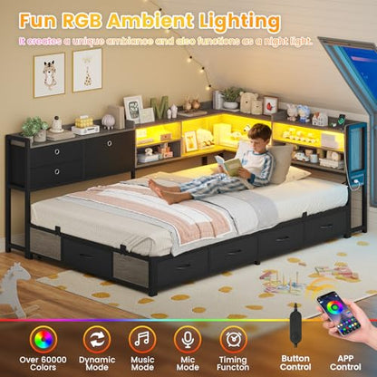 Corner Bed Frame with Charging Station & Led Lights, Twin Bed Frame with 8 Storage Drawers & Bookcase, Twin Daybed with Storage Headboard for Kids Guests, Black & Gray
