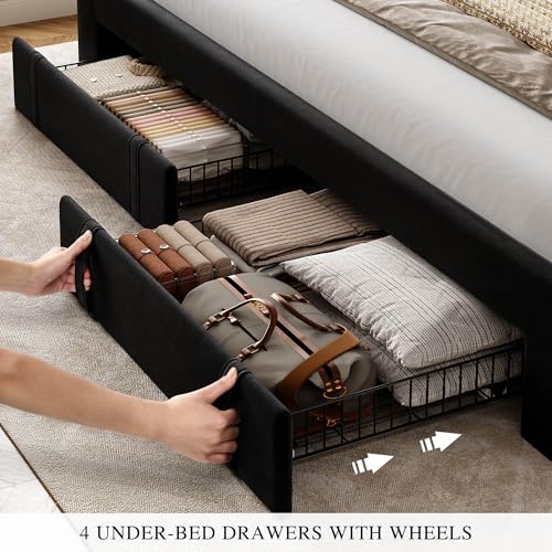 Queen Size Bed Frame with Adjustable Headboard, Black, view 6