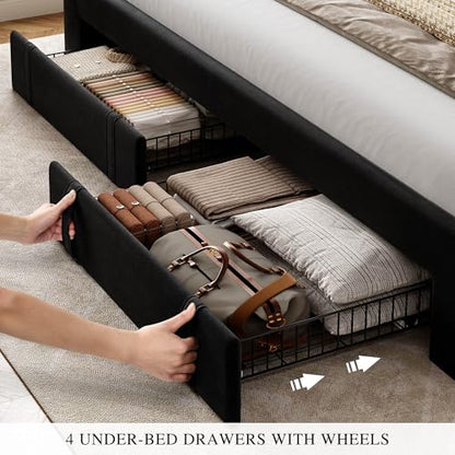 Queen Size Bed Frame with Adjustable Headboard, Black, view 6