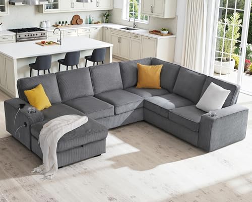 112 Inch U Shaped Couch, Oversized Couch with Storage Chaise & Cup Holders, Sectional Sofa with USB & Type-C Charging Ports, Corduroy Grey