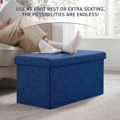 Folding Storage Ottoman, 30 Inch Large Storage Bench with Lid, Foot Rest Stool for Bedroom, Living Room, Entryway, Tufted Linen Upholstered - Navy Blue