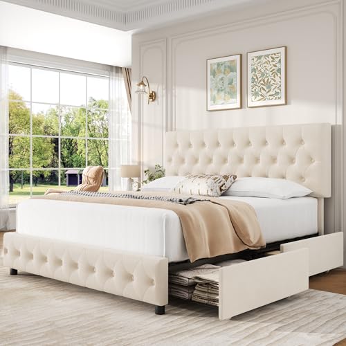 Modern Queen Size Upholstered Bed Frame with 4 Storage Drawers, view 2