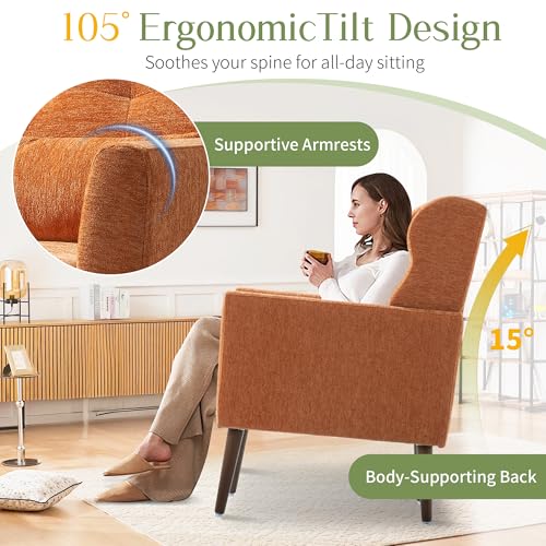 Accent Arm Chairs for Living Room, Chenille Upholstered Mordern Armchair, Comfy Soft Padded Lounge Chair in Small Spaces, Bedroom, Pillow, Solid Wood Leg, Orange