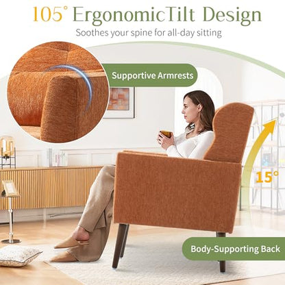 Accent Arm Chairs for Living Room, Chenille Upholstered Mordern Armchair, Comfy Soft Padded Lounge Chair in Small Spaces, Bedroom, Pillow, Solid Wood Leg, Orange