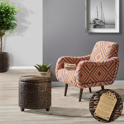 17" Round Storage Ottoman with Lid - Espresso Dark Brown, Handwoven Water Hyacinth Footstool for Living Room, Bedroom, Bathroom, Home Office