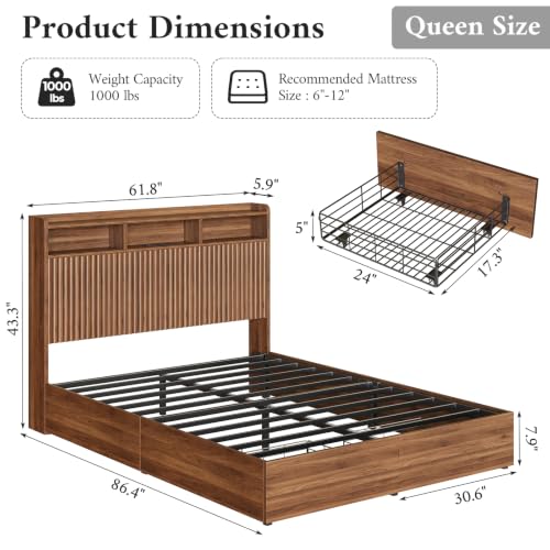 Queen Bed Frame with Headboard and Storage Drawers, view 3