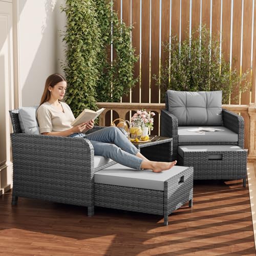 Balcony Furniture Set 5 Piece Patio Conversation Set, PE Wicker Outside Furniture with Soft Cushions & Coffee Table, Outdoor Lounge Chairs with Ottoman for Porch, Lawn, Balcony, Mix-Grey