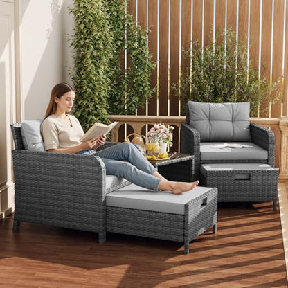 Balcony Furniture Set 5 Piece Patio Conversation Set, PE Wicker Outside Furniture with Soft Cushions & Coffee Table, Outdoor Lounge Chairs with Ottoman for Porch, Lawn, Balcony, Mix-Grey
