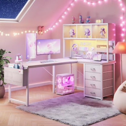 53" L Shaped Gaming Desk with Pegboard, Hutch & 4 Drawers, White, view 3