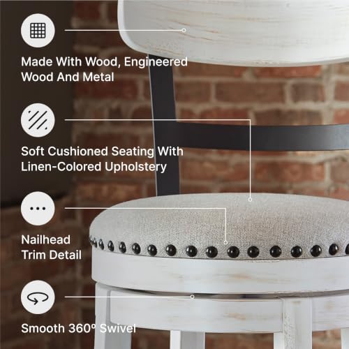 Signature Design by Ashley Valebeck Barstool, Rustic-Industrial Counter Height Chair, 360° Swivel, Wood & Metal Frame, Cushioned Seat, Ideal for Kitchen Island with Seating, Vintage White