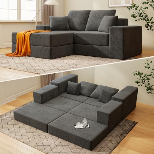 Cloud Modular Sectional Sofa, Comfy Boneless Couch for Living Room, Modern L-Shaped Couch with Reversible Chaise, Customizable Sleeper Sofa Bed with Non Slip, No Assembly & Deep Seat, Dark Grey