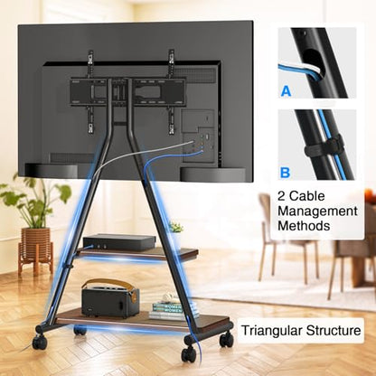 Heavy Duty Rolling TV Stand for 43-80 Inch TVs up to 150lbs, Mobile TV Cart on Wheels with Dual Storage Shelves, Outdoor TV Stand with Tilt & Swivel Adjustment for Optimal Viewing Angles