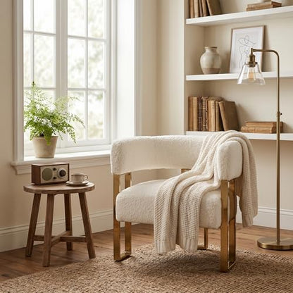 Barrel Accent Chairs Set of 2, Modern Side Chair with Golden Metal Legs, Sherpa Upholstered Reading Armchair, Boucle Club Chairs for Living Room/Reception Room/Bedroom/Office, White
