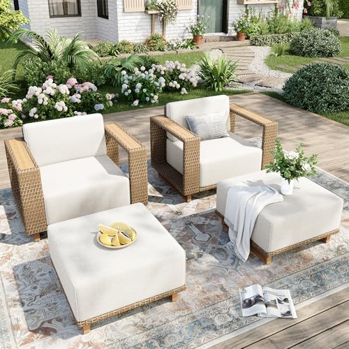4 Pcs Outdoor Patio Furniture Set, Yellow Rattan Wicker Modular Couch Chairs, 2 Rattan Single Sofa, 2 Ottomans with 10" Extra Thick Cushions, Low Profile Lawn Garden Deck Furniture