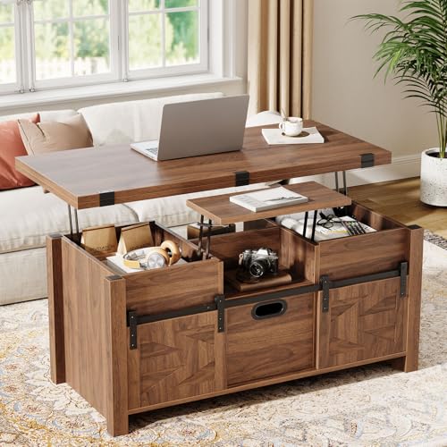 40" Farmhouse Lift Top Coffee Table with Storage Drawers,Walnut | 4 in 1 Multi-Function Coffee Tables with Sliding Barn Door & Hidden Compartment,Converts to Dining Table for Living Room