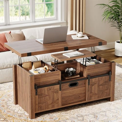 40" Farmhouse Lift Top Coffee Table with Storage Drawers,Walnut | 4 in 1 Multi-Function Coffee Tables with Sliding Barn Door & Hidden Compartment,Converts to Dining Table for Living Room