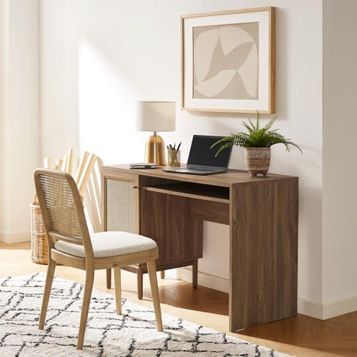 Haylee Boho Farmhouse Writing Desk, with Natural Rattan Exterior Door, view 2