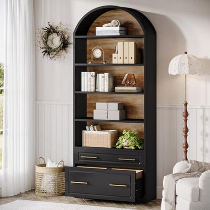 76.8" Tall Arched 5-Tier Bookcase, Black, view 2