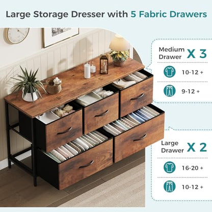 5 Drawer Dresser for Bedroom, Closet Chest Organizer Furniture, TV Stand for Living Room Hallway, Wide Fabric Storage Tower with Wooden Top and Metal Frame, Brown