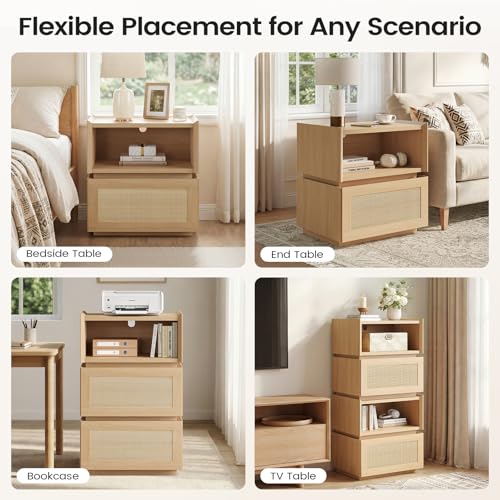 Rattan Nightstand with Wicker Decorated Drawer, Natural Rattan Night Stand with Open Compartment, Modular Stackable Side Table, Boho Bedside Table, End Side Table for Bedroom