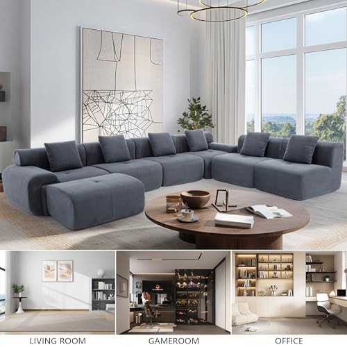 122 Inch Modular Sectional Sofa, Premium Corduroy Cloud Couch with Ottoman, 1200lbs Capacity Heavy Duty Deep Seat Sectional, High-Density Foam (Gray, 3 Seater & 1 Ottoman)