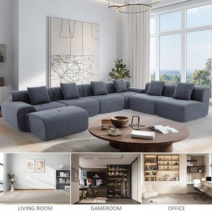 122 Inch Modular Sectional Sofa, Premium Corduroy Cloud Couch with Ottoman, 1200lbs Capacity Heavy Duty Deep Seat Sectional, High-Density Foam (Gray, 3 Seater & 1 Ottoman)