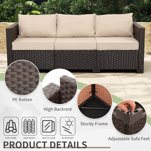 Patio Couch PE Rattan 3-Seat Outdoor Sofa Brown Wicker Furniture Set Deep Seating with Anti-Slip Beige Cushion