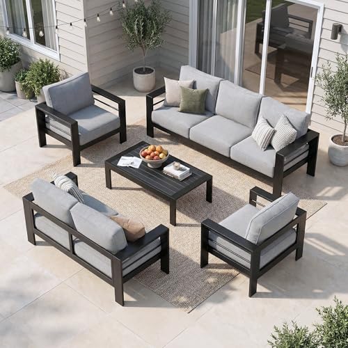 Aluminum Patio Furniture Set for All Weather, Oversized Metal Outdoor Furniture with 27.5" Deep Seating and 3.2" Wide Armrest, Patio Conversation Set with 10’’ Back Cushion, Black and Grey