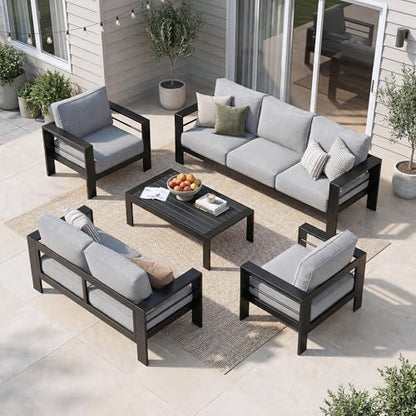 Aluminum Patio Furniture Set for All Weather, Oversized Metal Outdoor Furniture with 27.5" Deep Seating and 3.2" Wide Armrest, Patio Conversation Set with 10’’ Back Cushion, Black and Grey