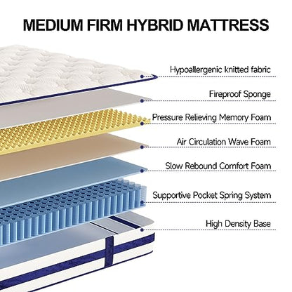 Queen Mattress,12 Inch Hybrid Innerspring Mattress in a Box with Memory Foam,Back Support & Pressure Relief,Medium Firm Feel for Adults (Queen Size)