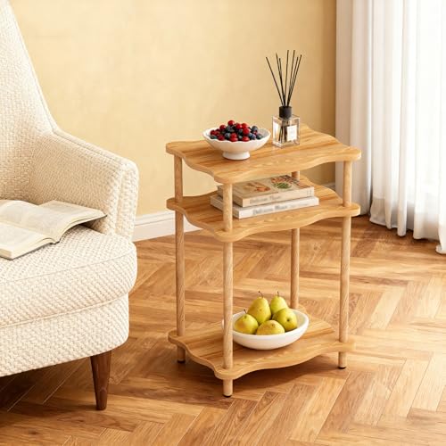 THUMEYE 3-Tier Side Table, 15.7”x11.8”x23” Space-Saving End Table with Solid Wood Legs, Tool-Free Assembly Nightstand for Bedroom Living Room, Burlywood