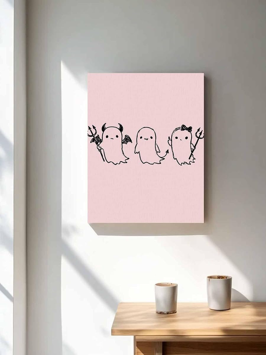 NuYeBiofx Spooky Halloween Ghost on Pink Canvas Wall Art Prints,30"x20" Framed Picture Artwork Cute Black Sketch Printed Canvas Oil Painting for Living Room Bedroom Office,Ready to Hang
